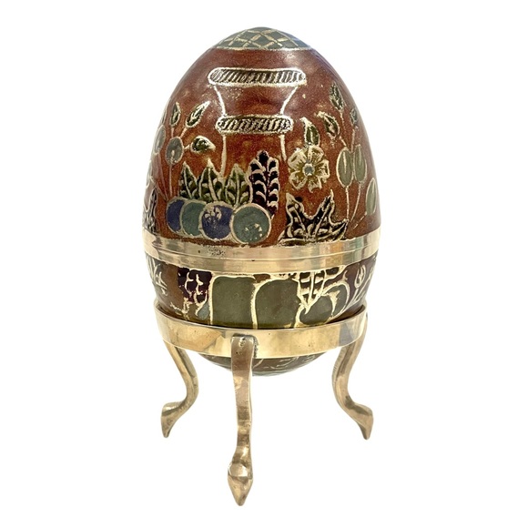 Enameled Cloisonne Brass Egg Trinket Box with Brass Stand Fruit & Flower Design. - Picture 4 of 15